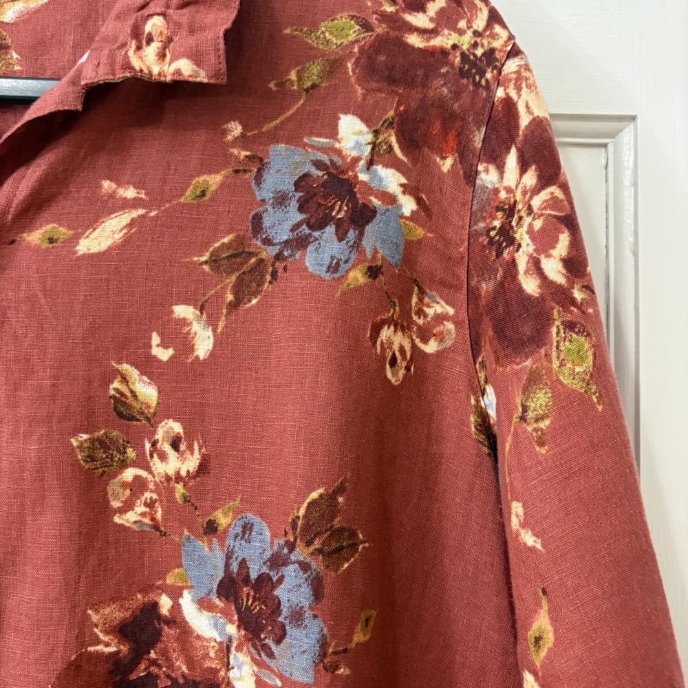 John Mark 100% Linen Button Down Shirt L Rust Orange Boho Coastal Autumn Floral - Picture 3 of 6
